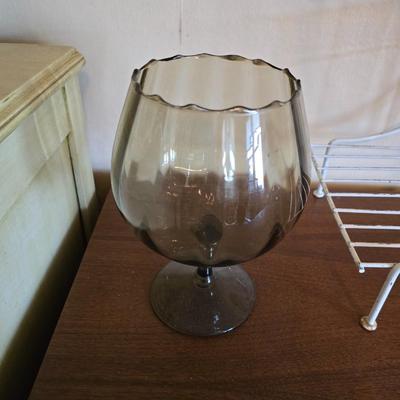 Multi - tiered Mid-century modern metal plant stand with glass vases and a glass flower frog