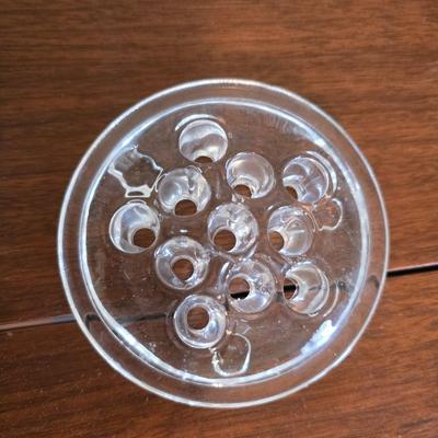 Multi - tiered Mid-century modern metal plant stand with glass vases and a glass flower frog