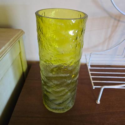 Multi - tiered Mid-century modern metal plant stand with glass vases and a glass flower frog