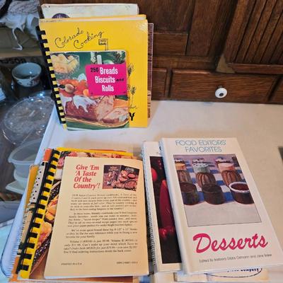 Vintage hand-hewn white birch dough bowl - cookbooks - apron - and other kitchen items