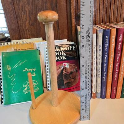 Vintage hand-hewn white birch dough bowl - cookbooks - apron - and other kitchen items