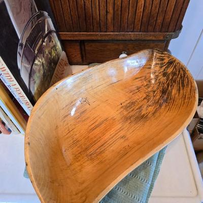 Vintage hand-hewn white birch dough bowl - cookbooks - apron - and other kitchen items