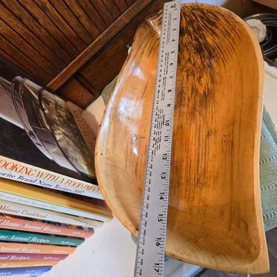 Vintage hand-hewn white birch dough bowl - cookbooks - apron - and other kitchen items