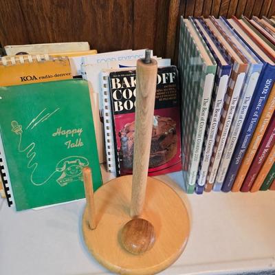 Vintage hand-hewn white birch dough bowl - cookbooks - apron - and other kitchen items