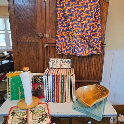 Vintage hand-hewn white birch dough bowl - cookbooks - apron - and other kitchen items