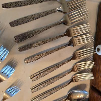 Corsican Stainless Japan Flatware partial set - with new tablecloth