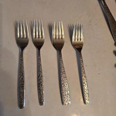 Corsican Stainless Japan Flatware partial set - with new tablecloth