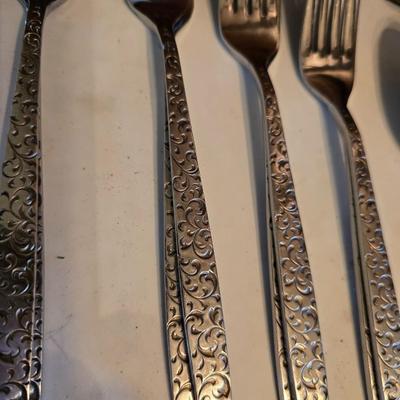 Corsican Stainless Japan Flatware partial set - with new tablecloth