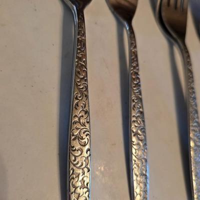 Corsican Stainless Japan Flatware partial set - with new tablecloth