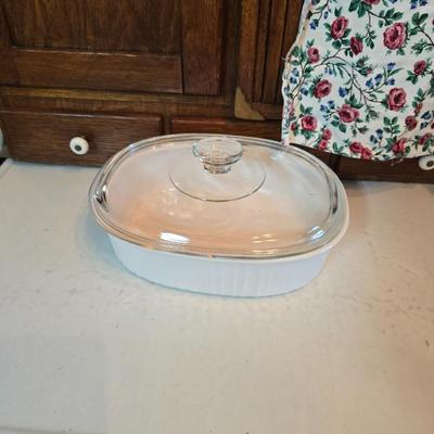 Corningware cookware with Litton micro-browner - and an apron