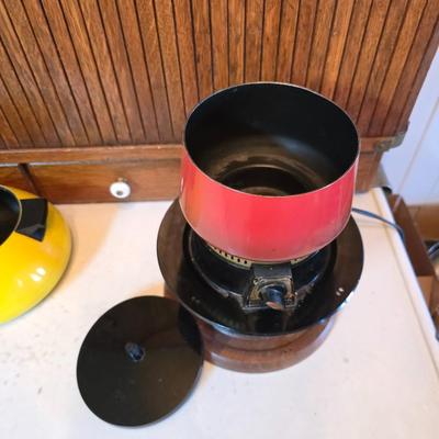vintage, mid-century modern avocado green fondue pots - orange fondue pot - and a retro General Electric (GE) electric skillet.