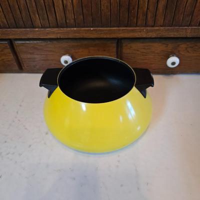 vintage, mid-century modern avocado green fondue pots - orange fondue pot - and a retro General Electric (GE) electric skillet.