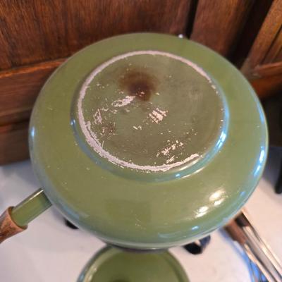 vintage, mid-century modern avocado green fondue pots - orange fondue pot - and a retro General Electric (GE) electric skillet.