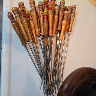 vintage, mid-century modern avocado green fondue pots - orange fondue pot - and a retro General Electric (GE) electric skillet.