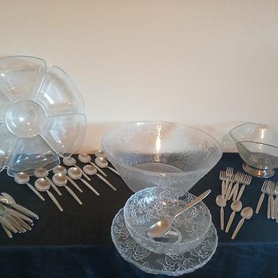 Old Company Stainless flatware -partial set with plastic serve ware pieces - large salad bowl - divided dishes - platter & bowl