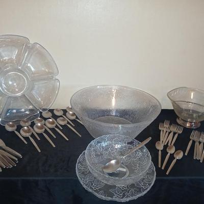 Old Company Stainless flatware -partial set with plastic serve ware pieces - large salad bowl - divided dishes - platter & bowl