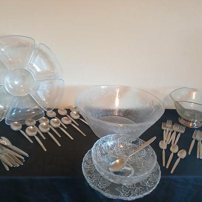Old Company Stainless flatware -partial set with plastic serve ware pieces - large salad bowl - divided dishes - platter & bowl