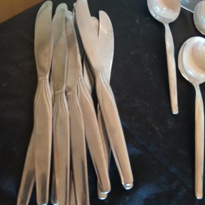 Old Company Stainless flatware -partial set with plastic serve ware pieces - large salad bowl - divided dishes - platter & bowl