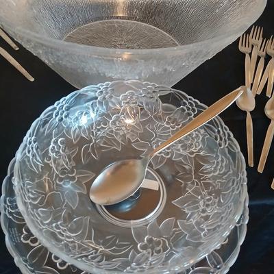 Old Company Stainless flatware -partial set with plastic serve ware pieces - large salad bowl - divided dishes - platter & bowl