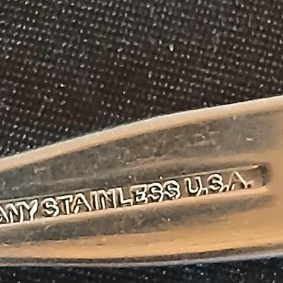 Old Company Stainless flatware -partial set with plastic serve ware pieces - large salad bowl - divided dishes - platter & bowl