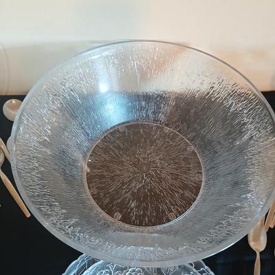 Old Company Stainless flatware -partial set with plastic serve ware pieces - large salad bowl - divided dishes - platter & bowl