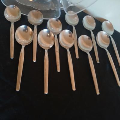 Old Company Stainless flatware -partial set with plastic serve ware pieces - large salad bowl - divided dishes - platter & bowl