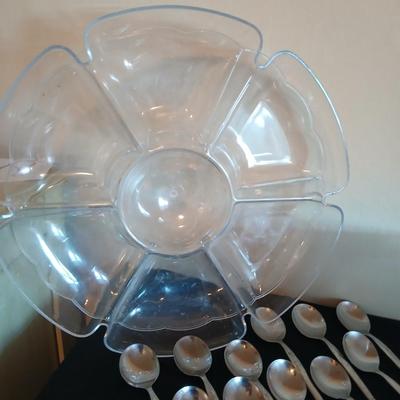 Old Company Stainless flatware -partial set with plastic serve ware pieces - large salad bowl - divided dishes - platter & bowl