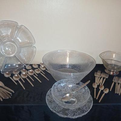 Old Company Stainless flatware -partial set with plastic serve ware pieces - large salad bowl - divided dishes - platter & bowl