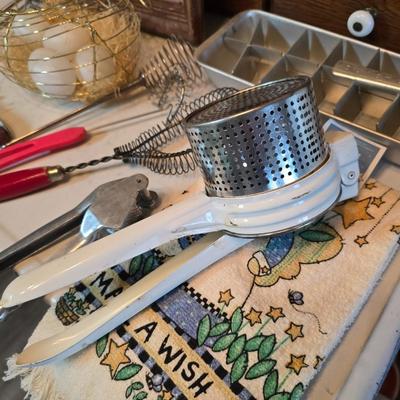 Vintage kitchen utensils - mixed box of flatware - framed country kitchen picture - Quickube ice tray and more