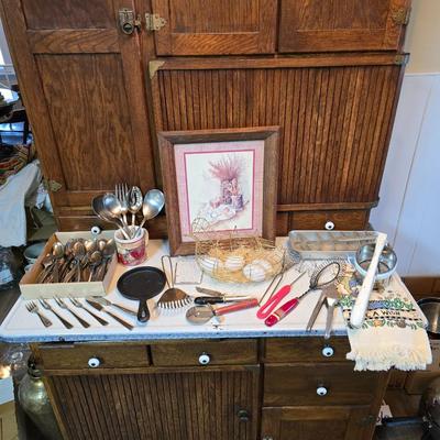 Vintage kitchen utensils - mixed box of flatware - framed country kitchen picture - Quickube ice tray and more