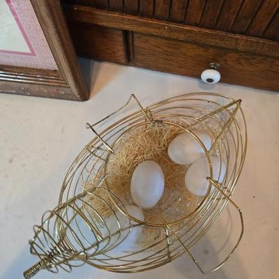 Vintage kitchen utensils - mixed box of flatware - framed country kitchen picture - Quickube ice tray and more