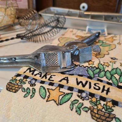 Vintage kitchen utensils - mixed box of flatware - framed country kitchen picture - Quickube ice tray and more