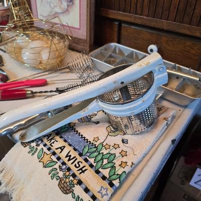 Vintage kitchen utensils - mixed box of flatware - framed country kitchen picture - Quickube ice tray and more