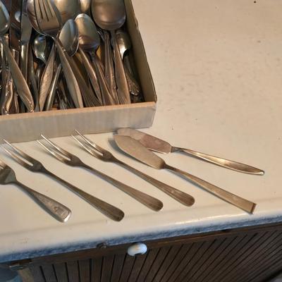 Vintage kitchen utensils - mixed box of flatware - framed country kitchen picture - Quickube ice tray and more