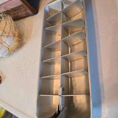 Vintage kitchen utensils - mixed box of flatware - framed country kitchen picture - Quickube ice tray and more