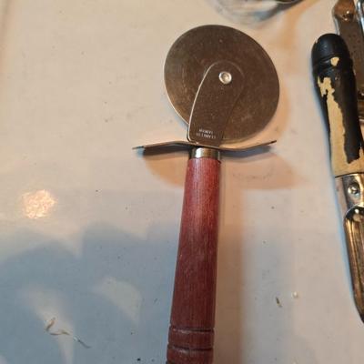 Vintage kitchen utensils - mixed box of flatware - framed country kitchen picture - Quickube ice tray and more