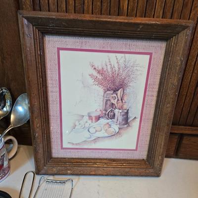 Vintage kitchen utensils - mixed box of flatware - framed country kitchen picture - Quickube ice tray and more