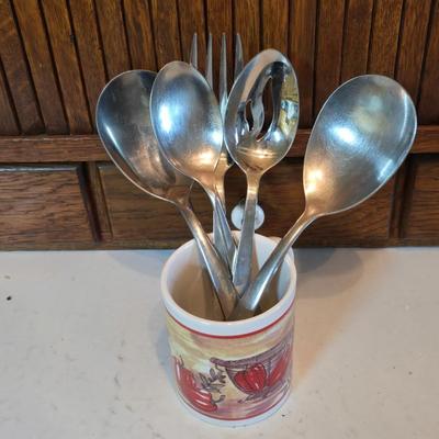 Vintage kitchen utensils - mixed box of flatware - framed country kitchen picture - Quickube ice tray and more