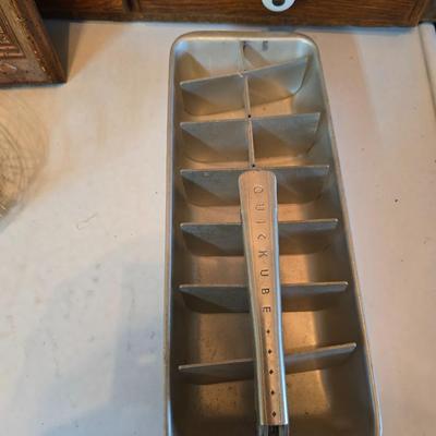 Vintage kitchen utensils - mixed box of flatware - framed country kitchen picture - Quickube ice tray and more