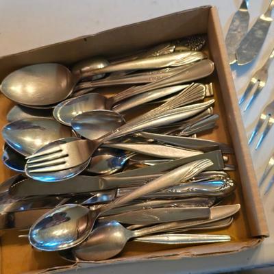 Vintage kitchen utensils - mixed box of flatware - framed country kitchen picture - Quickube ice tray and more