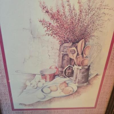 Vintage kitchen utensils - mixed box of flatware - framed country kitchen picture - Quickube ice tray and more