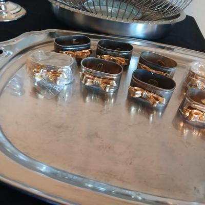 Kitchen metalware including mid-century modern chrome and pressed glass lazy Susan appetizer serving tray - metal trays - utensils and more