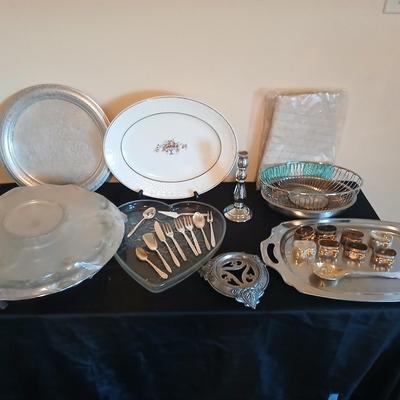 Kitchen metalware including mid-century modern chrome and pressed glass lazy Susan appetizer serving tray - metal trays - utensils and more