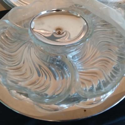Kitchen metalware including mid-century modern chrome and pressed glass lazy Susan appetizer serving tray - metal trays - utensils and more