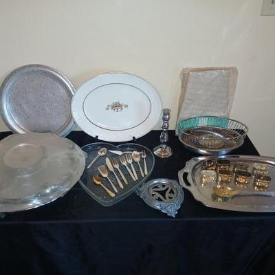 Kitchen metalware including mid-century modern chrome and pressed glass lazy Susan appetizer serving tray - metal trays - utensils and more