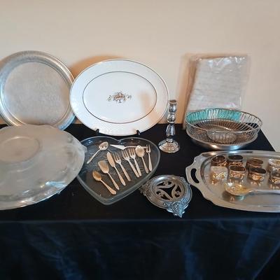 Kitchen metalware including mid-century modern chrome and pressed glass lazy Susan appetizer serving tray - metal trays - utensils and more