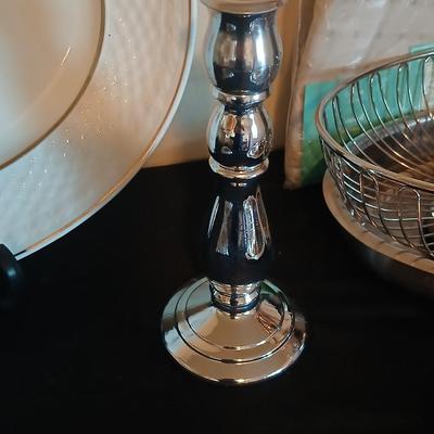 Kitchen metalware including mid-century modern chrome and pressed glass lazy Susan appetizer serving tray - metal trays - utensils and more