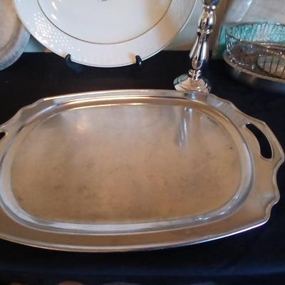 Kitchen metalware including mid-century modern chrome and pressed glass lazy Susan appetizer serving tray - metal trays - utensils and more