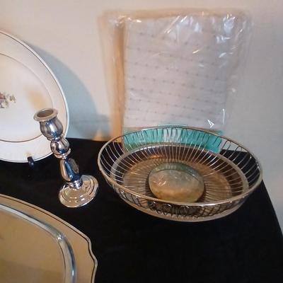 Kitchen metalware including mid-century modern chrome and pressed glass lazy Susan appetizer serving tray - metal trays - utensils and more