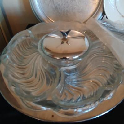Kitchen metalware including mid-century modern chrome and pressed glass lazy Susan appetizer serving tray - metal trays - utensils and more